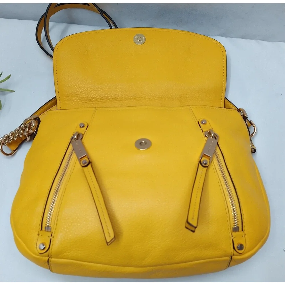 Michael Kors Evie Sunflower Yellow Leather Flap Closure Crossbody Shoulder Bag